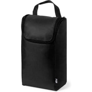 A black insulated drink bottle bag with a top handle and zip closure. It features a front pocket.