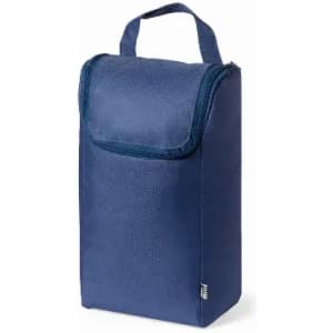 A drink bottle holder in dark navy with a structured design and a flap closure. It features a handle for carrying.
