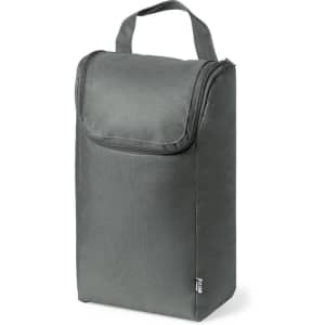 A drink bottle carry bag in dark grey, featuring a zip closure and a sturdy handle for easy transport.