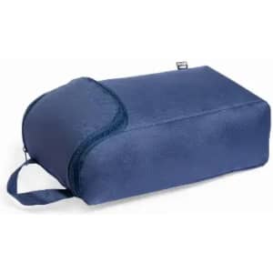 A navy blue storage bag with a zipped compartment and a handle for easy carrying. It features a textured surface.
