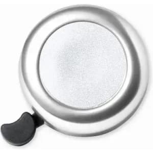 A round, silver drink bottle with a black cap and a smooth metallic finish. It features a logo on the surface.