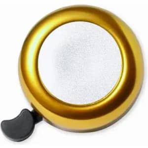 A round, gold promotional product featuring a blank, reflective surface with a black lever on the side.