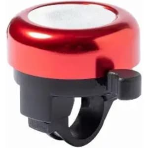 A bicycle bell with a shiny red metal top and a black attachment. It features a lever for ringing.