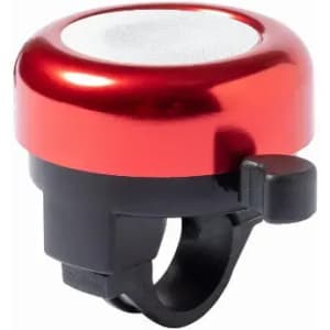 A bike bell with a shiny red top and a black base, featuring a lever for ringing. It has a compact design.