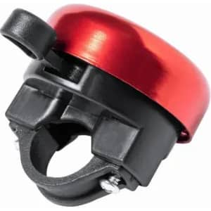 A red bicycle bell with a black mounting base and a lever for sound activation.