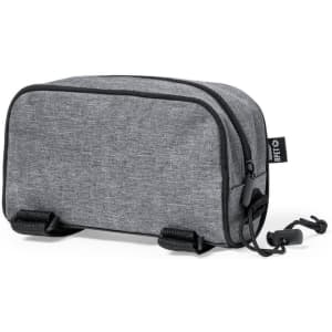 A grey zipper pouch with a textured finish and a small branding tag. It features a compact design and sturdy closures.