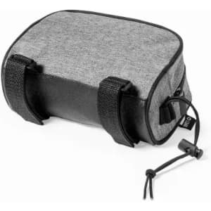 A grey and black storage bag with straps, featuring a textured fabric and a cinch closure.