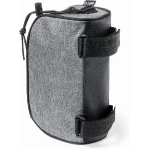 A drink bottle holder in grey fabric and black accents, featuring two straps for attachment and a small logo.