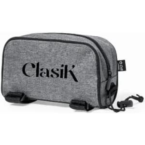 A grey toiletry bag with a zip closure and a logo. It features a compact design and sturdy straps.