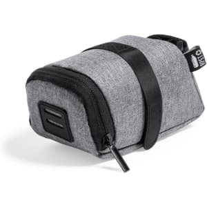 A grey fabric pouch with a zip closure and a black strap, featuring a small logo.
