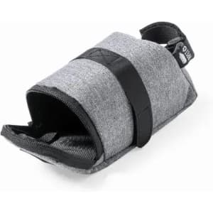 A grey fabric pouch with a black strap, featuring a zipper closure and an internal compartment. It has a logo.
