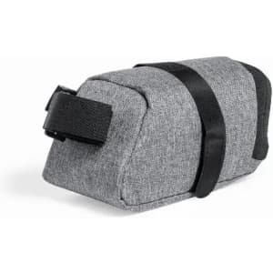 A grey promotional product bag with a black strap, featuring a soft, textured fabric.
