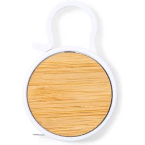 A round bamboo drink bottle with a white plastic hook.