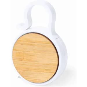 A drink bottle with a bamboo lid and a white body, featuring a convenient carrying handle.