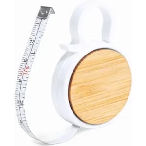 A measuring tape with a white casing and a wooden finish, featuring a retractable white tape.
