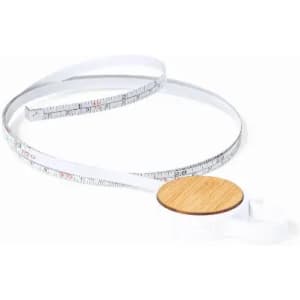 A measuring tape with a white flexible tape and a wooden round casing, featuring measurement markings.
