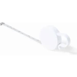 A white drink bottle with a retractable measuring tape attached. The bottle features a handle and a simple design.
