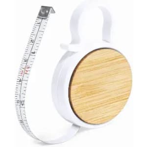 A measuring tape with a wooden circular case and a white plastic handle, featuring a retractable white tape.