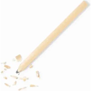 A pencil in a neutral tone lies next to wood shavings on a white background. The pencil has a sharpened tip.