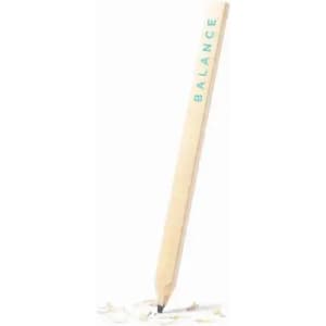 A wooden pencil with a light colour, featuring the word "BALANCE" printed in blue. Shavings are scattered below.