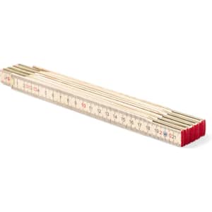 A metal measuring stick folded flat, featuring a red end and marked with measurement increments along its length.