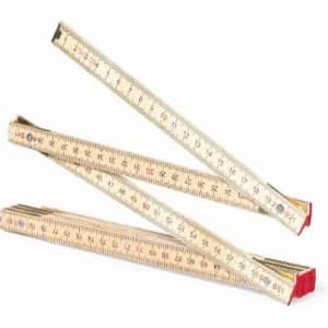 A measuring tape folded in three sections, featuring clear markings in centimetres and inches. The ends are red.