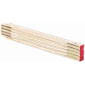 A folding rule made of wood with red ends, featuring measurable markings along its length.