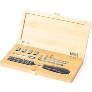 A toolset featuring a variety of hex keys and sockets, neatly arranged in a bamboo box.
