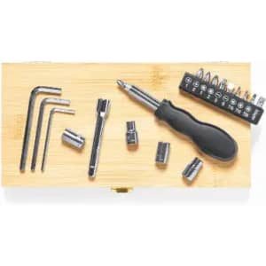 A tool set featuring various sockets, a screwdriver, and hex keys, presented in a wooden case.