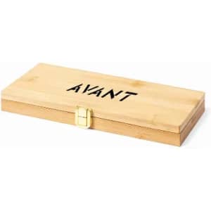 A bamboo box featuring a gold clasp and black branding on the lid. The box has a rectangular shape.