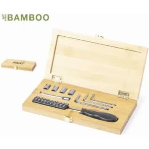 A bamboo toolbox containing various tools, including a screwdriver handle, multiple bits, and an assortment of Allen wrenches.