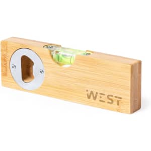 A wooden level tool with a bottle opener feature, featuring a clear bubble for alignment and the branding "WEST".