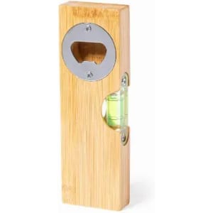 A bottle opener crafted from bamboo featuring a metal cap remover and a spirit level embedded in the design.