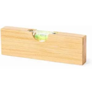 A wooden spirit level in a natural finish, featuring a clear bubble indicator for alignment.