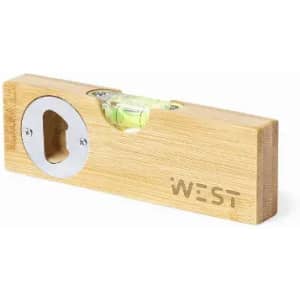 A bamboo spirit level with a bubble indicator and a bottle opener. Features a silver metal end and branding.