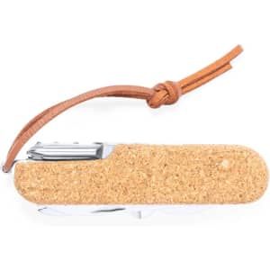A knife with a cork handle and a leather strap, featuring a shiny metal blade and tools.