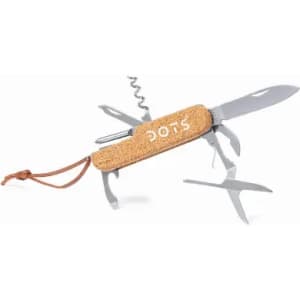 A multi-tool with a cork handle and silver metallic tools, including a knife, corkscrew, and multiple attachments.