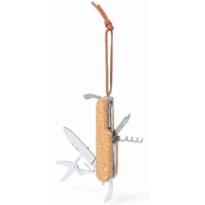 A multi-tool with a cork handle, featuring knives, scissors, and a corkscrew, attached to a leather lanyard.