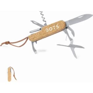 A multi-tool featuring a cork handle and several stainless steel implements, including a knife and scissors.