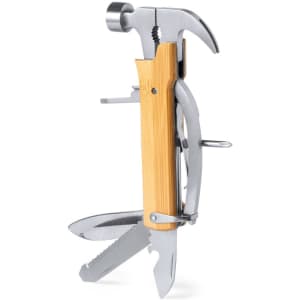 A multi-tool featuring a hammer, knife, and other tools with a bamboo handle and metal components.