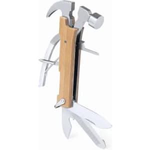 A multi-tool featuring various instruments, including a hammer, pliers, and knife, with a wooden handle and silver accents.