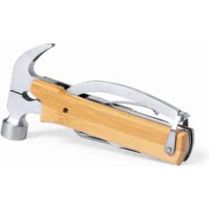 A multi-tool featuring a stainless steel hammer and a wooden handle, with various other functional tools integrated.