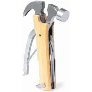 A multi-tool featuring a hammer, pliers, and various other metal tools, with a wooden handle.