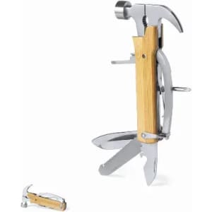 A multi-tool featuring a hammer, knife, and various other tools with a wooden handle and metallic components.