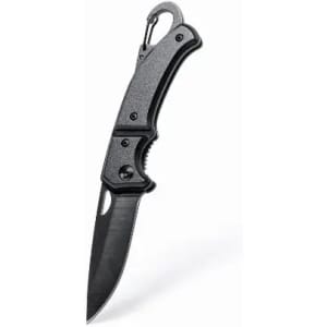 A black folding knife with a curved blade and a carabiner clip for attachment.