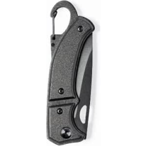 A folding pocket knife with a textured black handle and a clip for convenient attachment.