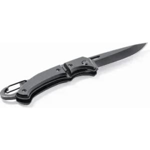 A folding knife with a black handle and a stainless-steel blade, featuring a clip for attachment.