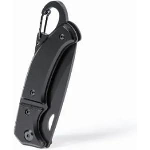 A black folding knife featuring a carabiner clip and textured grip. The knife has a sleek, compact design.
