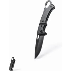 A folding knife with a black handle and blade, featuring a clip for easy attachment.