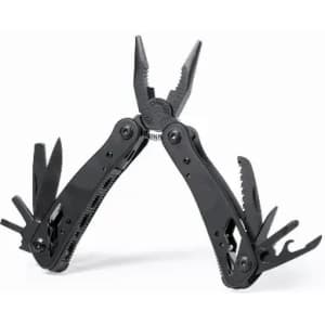 A black multi-tool featuring pliers, various blades, and additional tools, with a sleek and functional design.